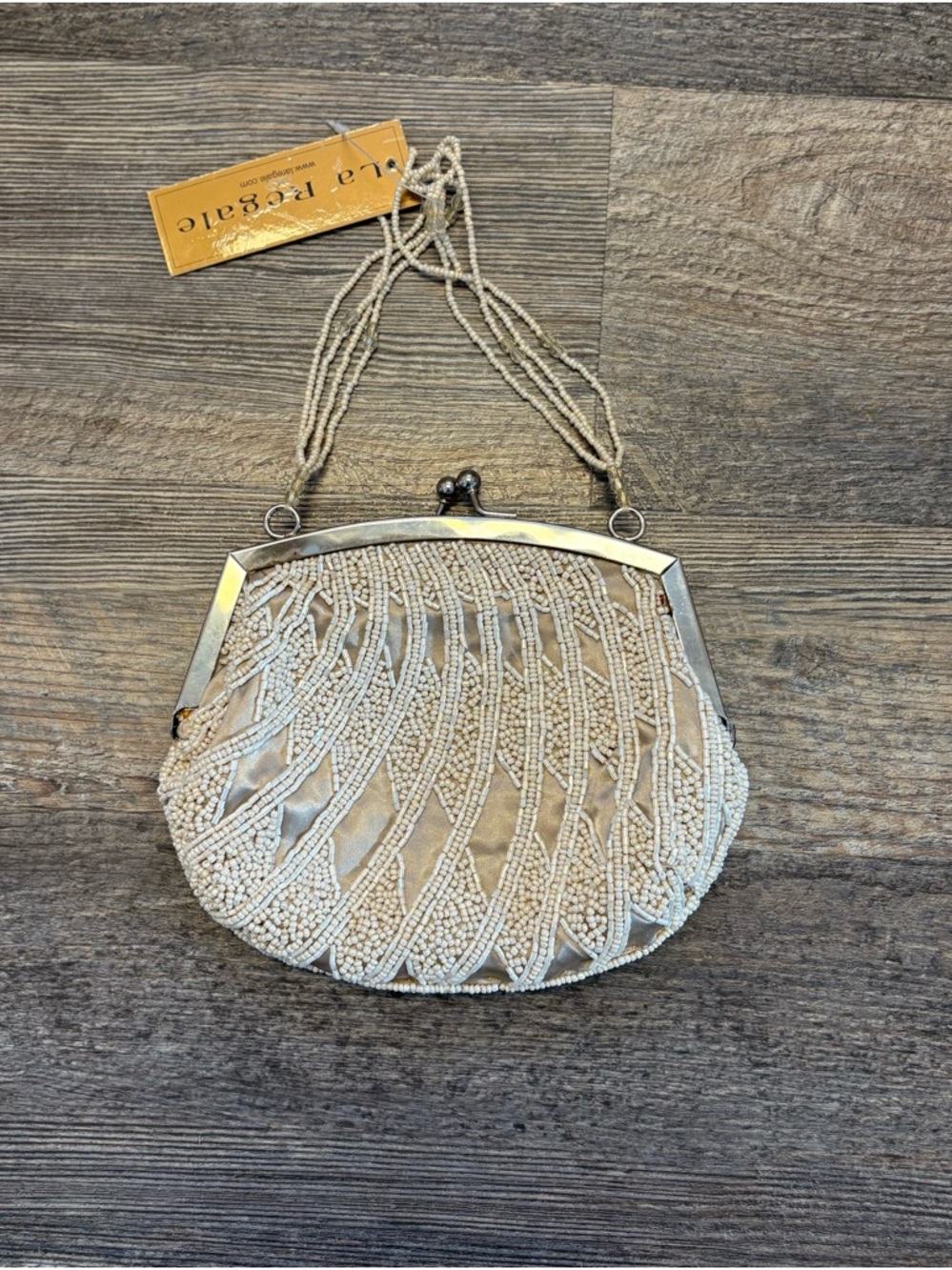 La Regale Cream Beaded Evening Clutch with Silver Frame